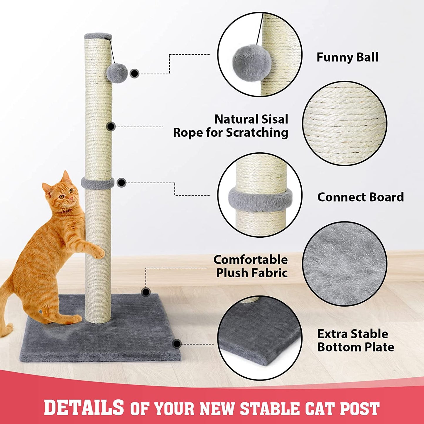 31'' Tall Cat Scratching Post - Cat Claw Scratcher with Hanging Ball - Scratching Posts for Indoor Large Cats - Durable Stable Cat Furniture with Sisal Rope - Cat Scratch Post-Grey